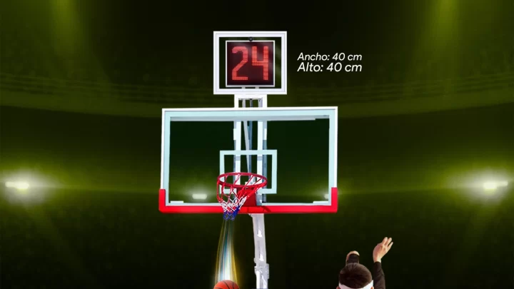 Segundero de 24 segundos instalado sobre un tablero de básquet