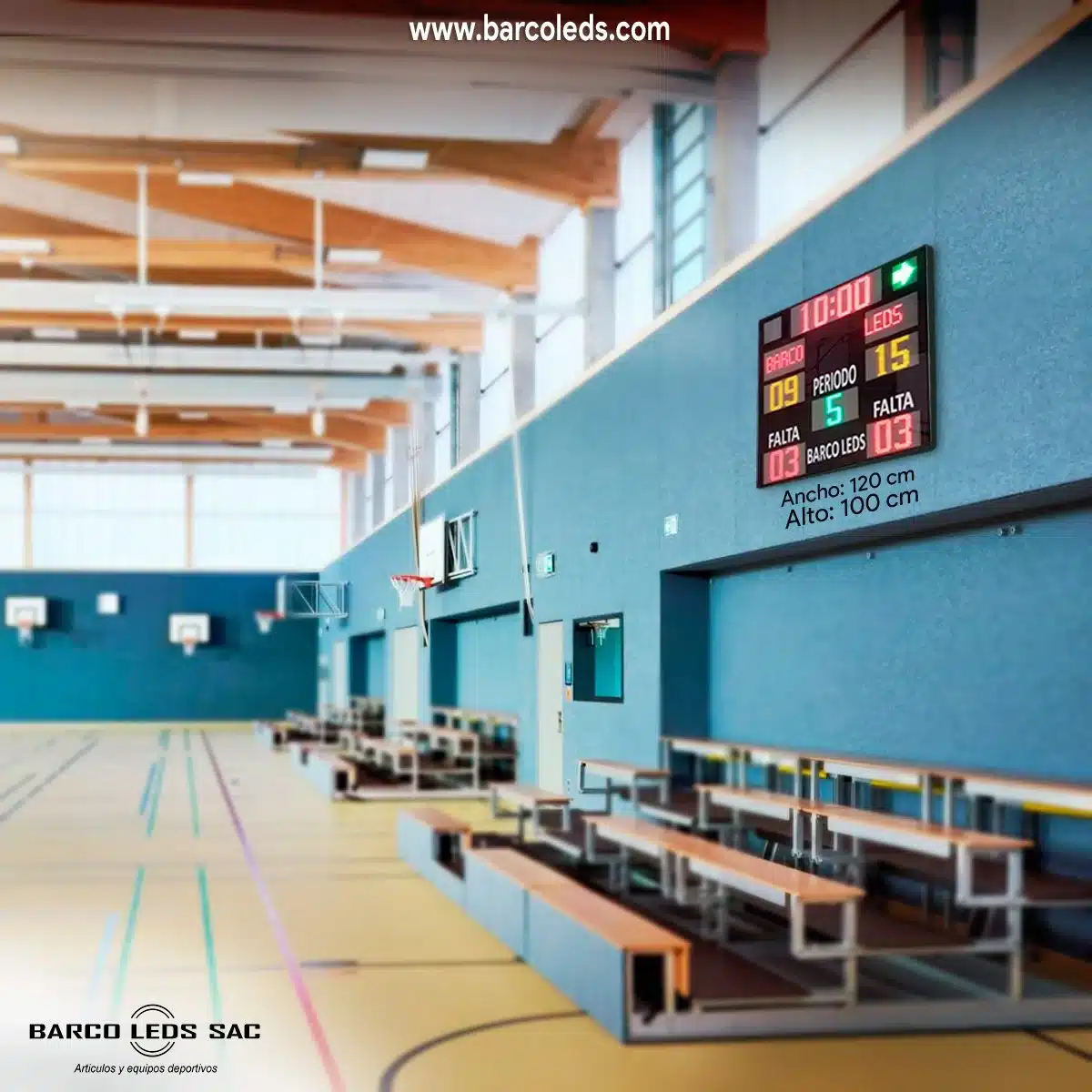 Marcador electrónico deportivo LED 120x100 cm instalado en coliseo con alta visibilidad para campeonatos y ligas competitivas.