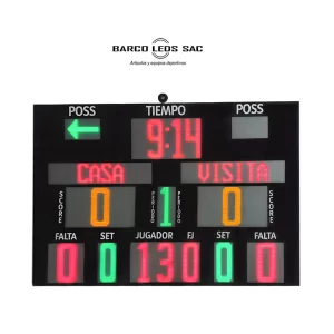 Marcador electrónico deportivo con pantalla LED que muestra tiempo, puntuaciones y sets para equipos local y visitante.