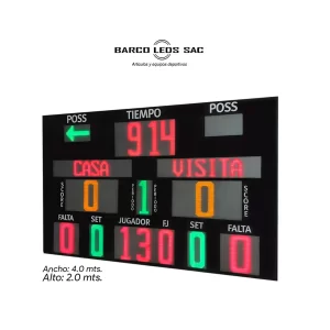 Marcadores electrónico deportivo 4x2 Mts LED de gran formato modelo SAC, que muestra tiempo, puntuación y señales deportivas.