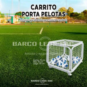 Carrito portapelotas de futbol metálico con ruedas para entrenamientos deportivos.
