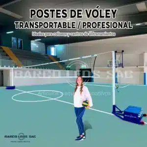 Postes de vóley profesionales transportables con base móvil y malla profesional reglamentaria. Ideales para coliseos y eventos deportivos